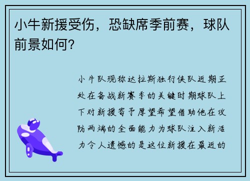 小牛新援受伤，恐缺席季前赛，球队前景如何？