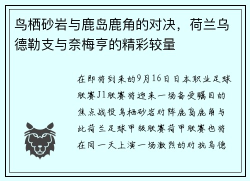 鸟栖砂岩与鹿岛鹿角的对决，荷兰乌德勒支与奈梅亨的精彩较量