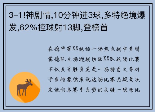 3-1!神剧情,10分钟进3球,多特绝境爆发,62%控球射13脚,登榜首